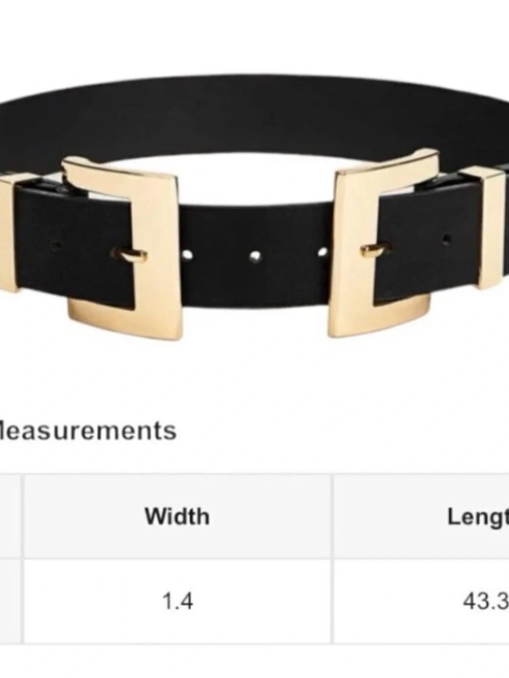 Dramatic black vegan leather belt with double bright gold buckles.